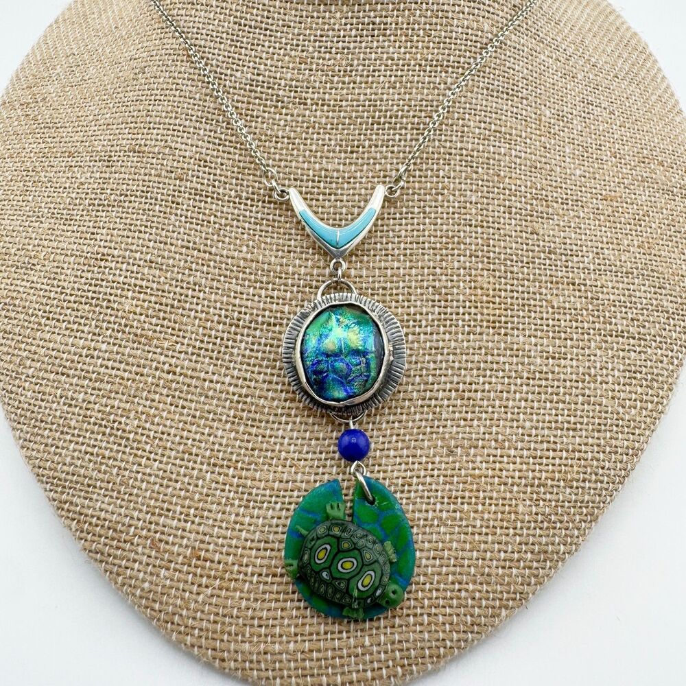 Vintage Handcrafted Sterling Silver Fused Glass Turtle Pendant Necklace NWOT